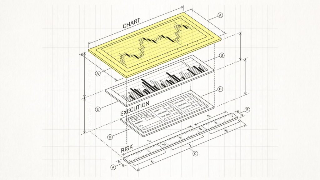 Trading-Dokumentation: Chart, Volumen, Order und Risiko als technische Explosionszeichnung
